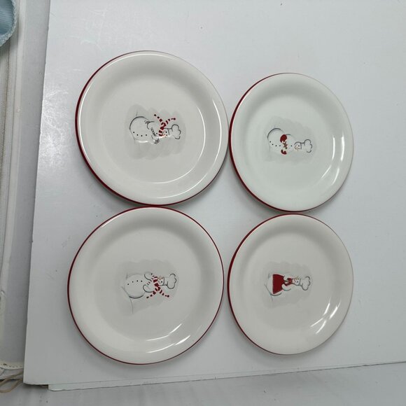 Williams Sonoma Outlet Snowman Chef Plates 6in Red Rim Winter Appetizer Set - Picture 11 of 16